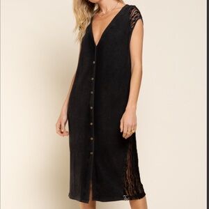 POL Black Ribbed Button Down Dress with Lace
